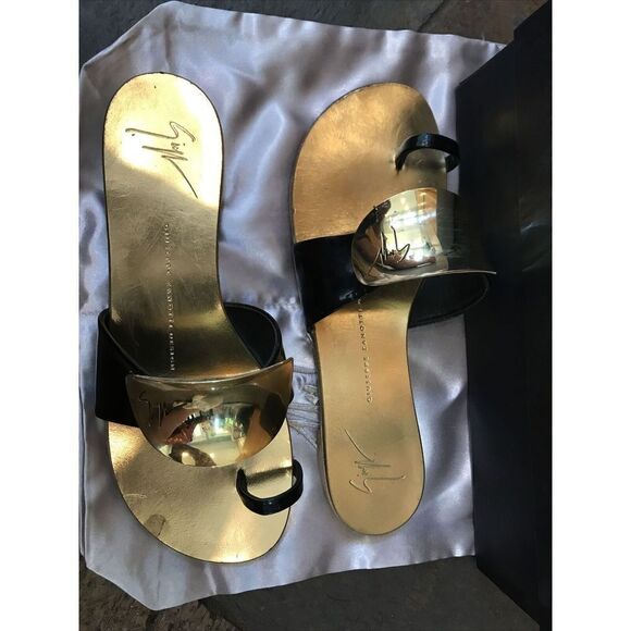 GIUSEPPE ZANOTTI Black Nero Sandal Gold Vernice Rock 38.5 US 8.5 Italy Box - Picture 4 of 10